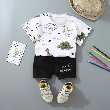 

Baby Boy Clothes Summer Baby Boys Casual Short Sleeve Dinosaur Print T-shirt Tops+Letters Shorts Costume Set
