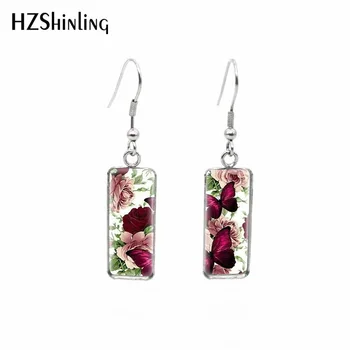 

2020 New Butterfly Flowers Earring Butterflies Art Rectangular Earring Photo Hook Earrings Glass Cabochon Jewelry