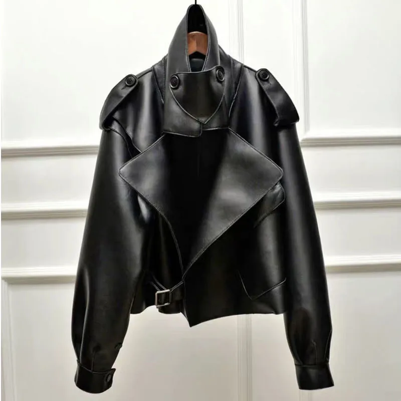 Pinkoz обычная кожаная куртка Мягкая свободная винтажная байкерская куртка с короткими карманами, искусственная кожа, черная куртка осеннее пальто - Цвет: Черный