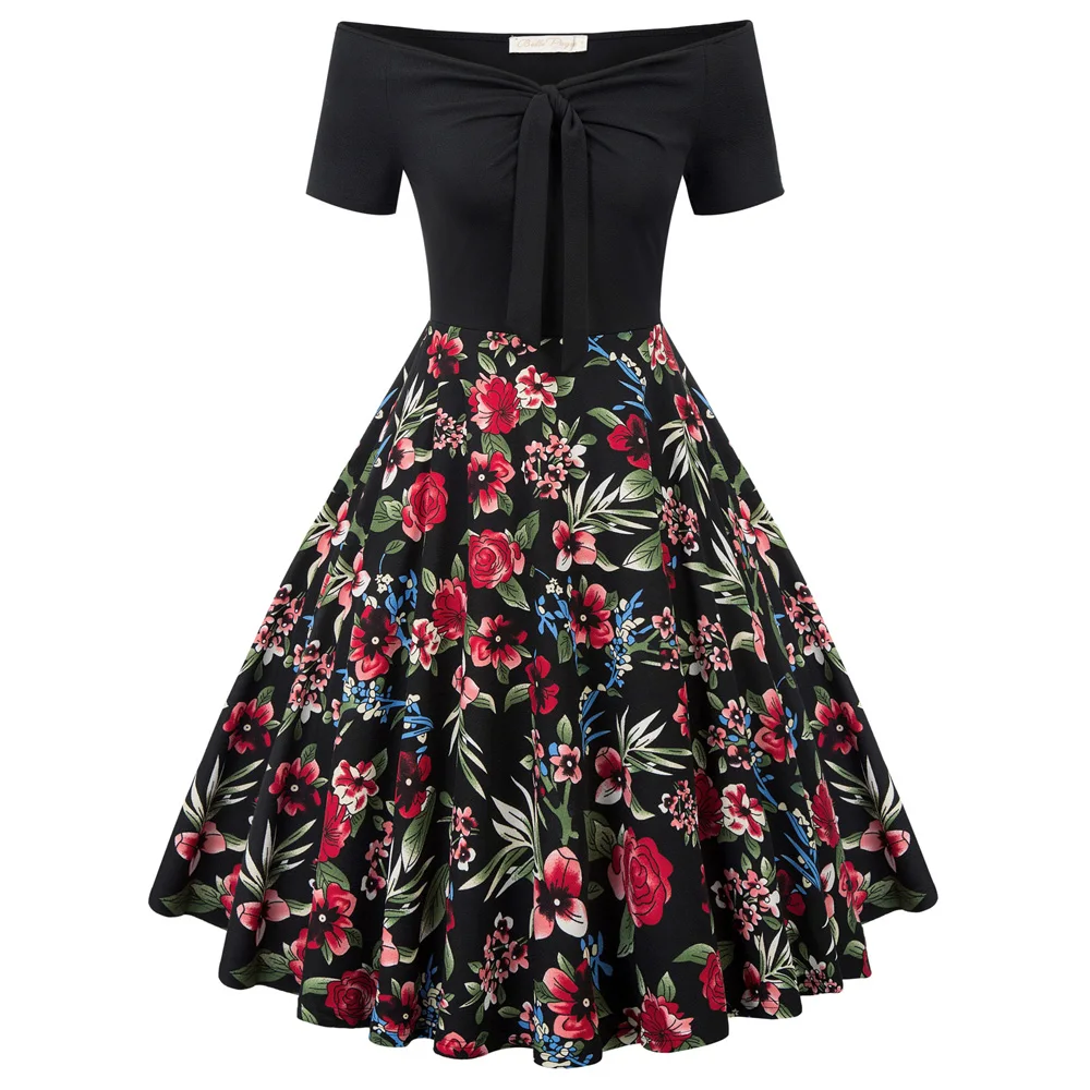 

elegant Women dress Off Shoulder Patchwork lace-up retro swing a line Dress Flared Party sweet lolita knee Short Sleeve dresses