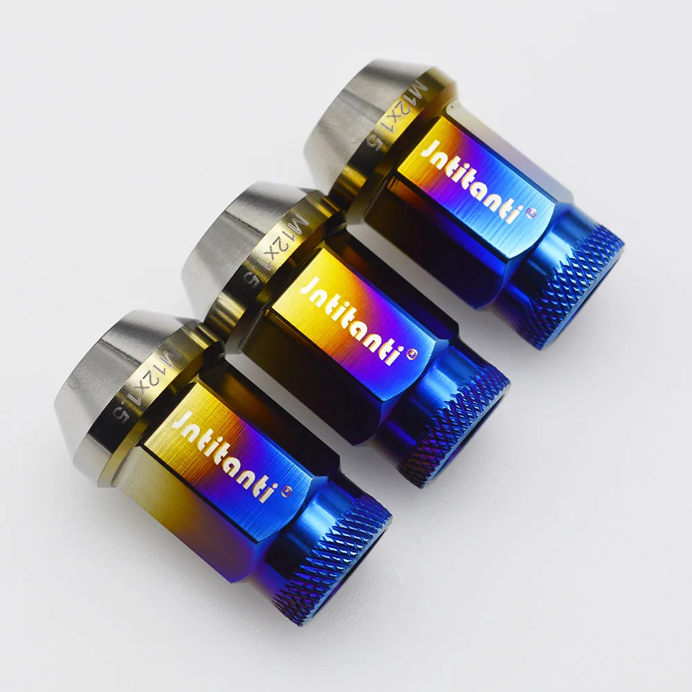 

High performance strong burnt blue color 60 degree cone seat open end Gr.5 titanium alloy lug nut M12*1.25*38mm with knurl