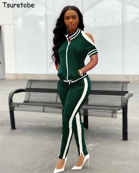 

Tsuretobe Stripe Patchwork 2 Piece Set Women Jacket Zipper Split Woman Pants Off Shoulder Tracksuit Women Outfits Matching Sets
