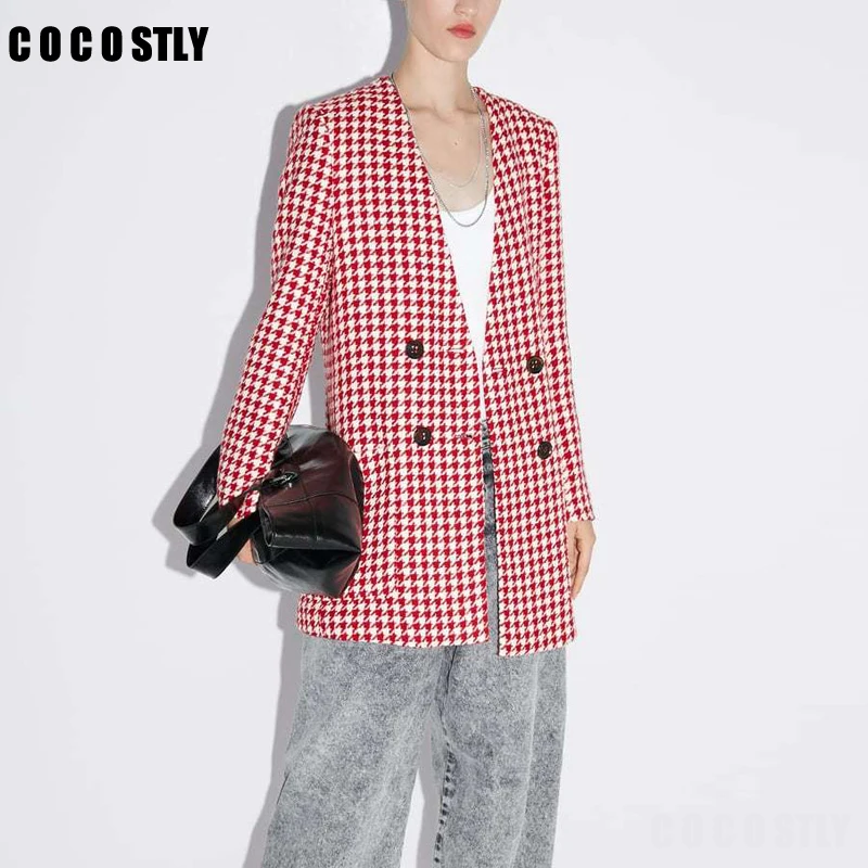 

Autumn Vintage Houndstooth Jacket Blazer Women Double Breasted V-Neck Famale Coat Long Feminine Blazers Outwear Chaqueta Mujer