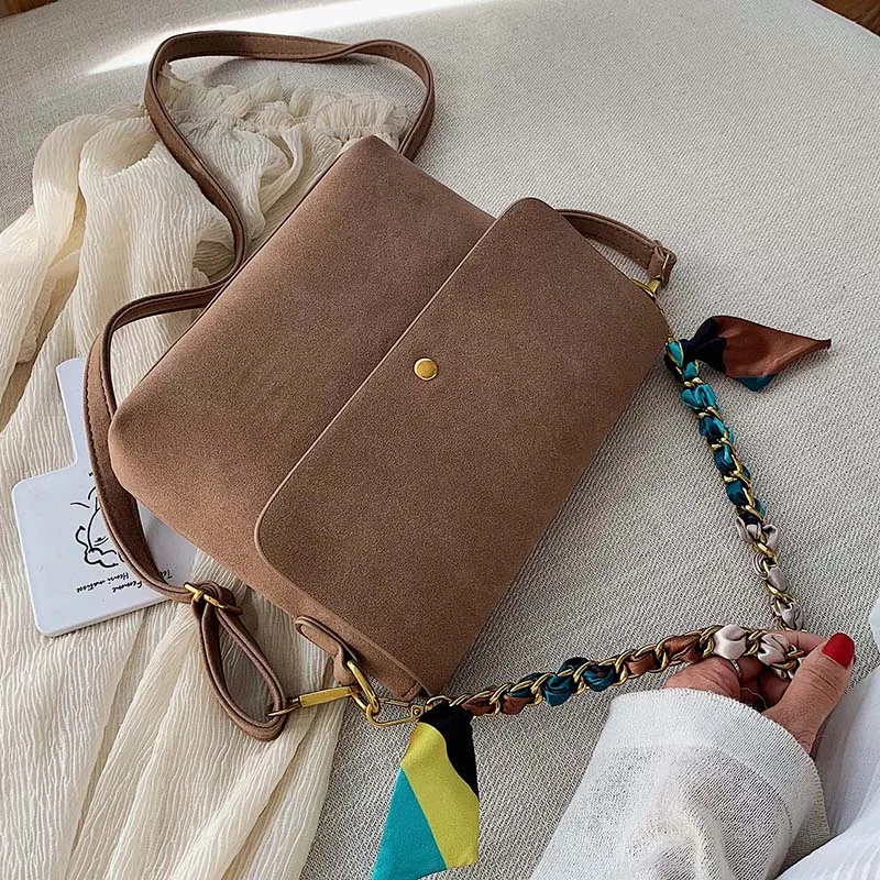 

Solid Color Scrub Leather Crossbody Bags For Women 2020 Luxury Chain Scarf Shoulder Simple Bag Lady Winter Handbags and Purses
