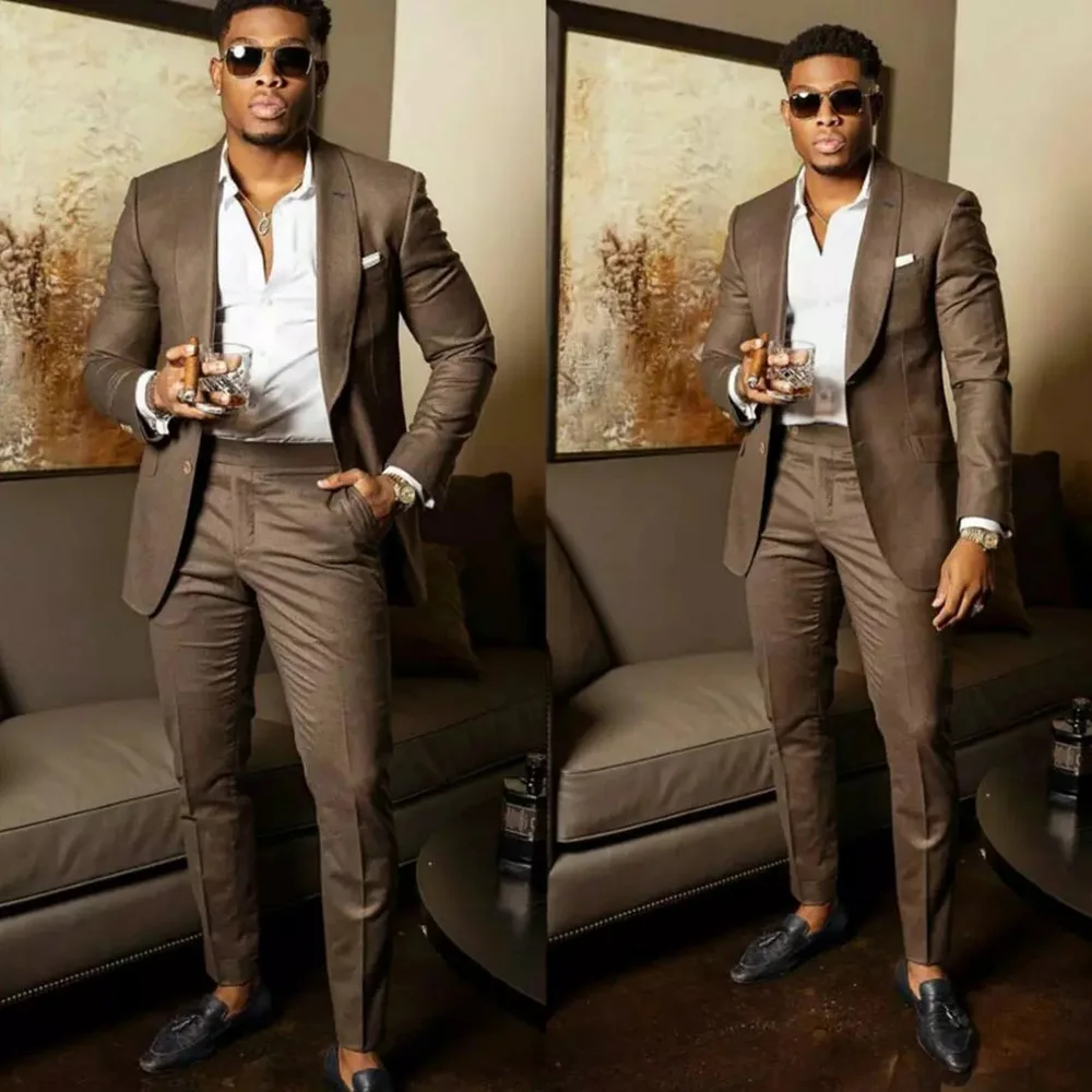 

Coffee Slim Fit Men Suits for Wedding Prom 2 Piece Male Jacket with Pants Groom Tuxedo African Fashion Costume New Arrival