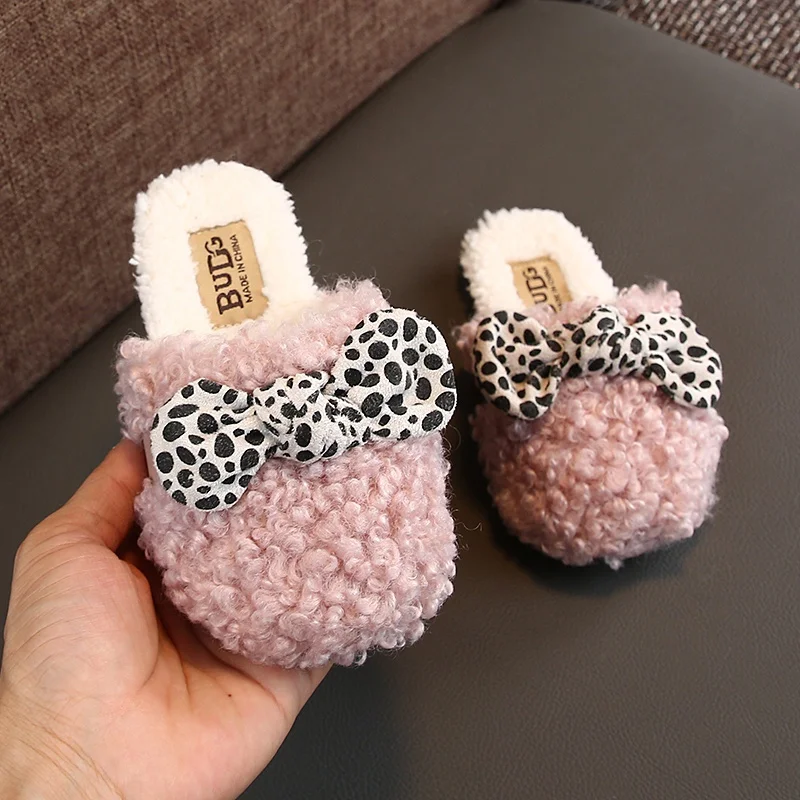 

Winter Children Slippers Warm Cotton Shoes Indoor Baby Girls Home Shoes Non-slip Soft Bottom Polka Dot Bow Kids Slippers