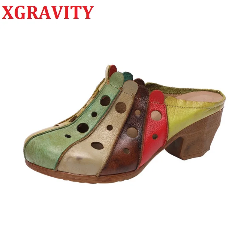 

XGRAVITY 2021 New Spring Summer Shoes Chunky Heel Women Pumps Women's Casual Mix Color Colorful Slides Ladies Slippers Girl C019