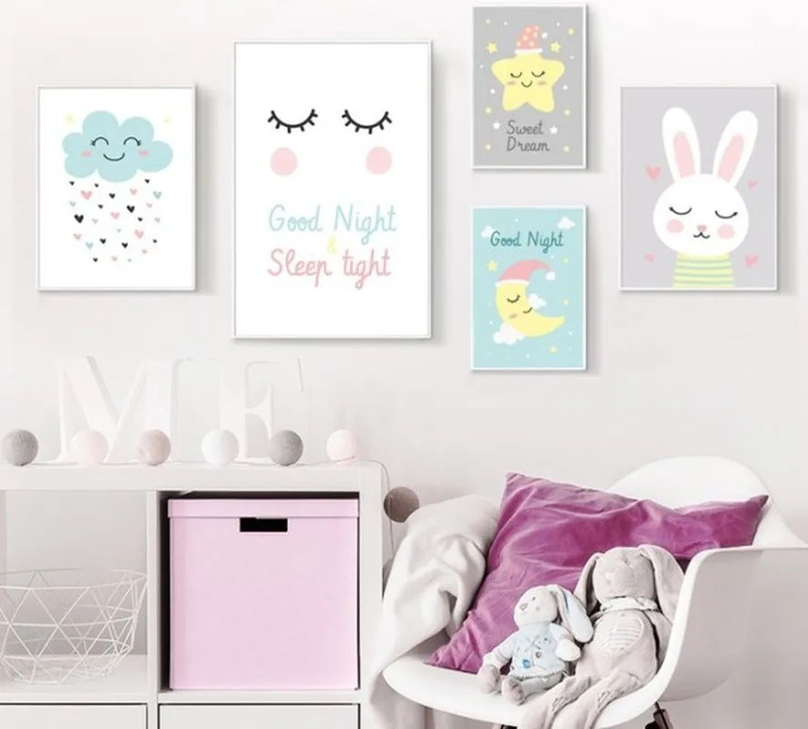 Ins Nordic Modern Minimalist Cartoon Rabbit Cloud Children's Room Decoration Painting Bedroom Living Unframed Wall Art | Дом и сад