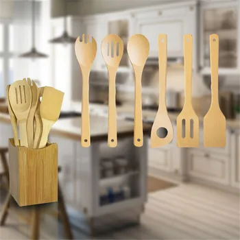

6Pcs/set Bamboo Wood Cooking Turners Utensil Set Healthy Bamboo Turners Spoon Spatula Kitchen Tools for Home Picnic Cooking