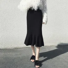 Осень-зима, женская вязаная юбка русалки, винтажная, высокая талия, тонкая, черный/хаки, рыбий хвост, миди, длинный свитер, юбка, B038