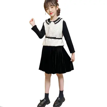 

Girls Dress Set Fashion Spring Kids Two Piece Clothes Sets Wool Vest+Dress 2Pcs Autumn Outfits for Teenage Girl 6 8 10 12 13Year