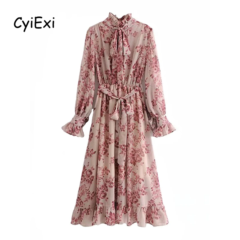 

CyiExi Bohemian Summer Floral Print Chiffon Dress Women Long Sleeve Turtleneck Midi Dresses with Ruffled Pink Vintage Vestidos