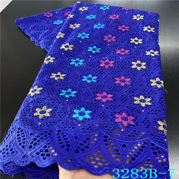 

Blue African Dry Lace Fabric High Quality With Stones Embroiderey Swiss Voile Lace Punch Cotton For 2020 Wedding Dress NA3283B-2