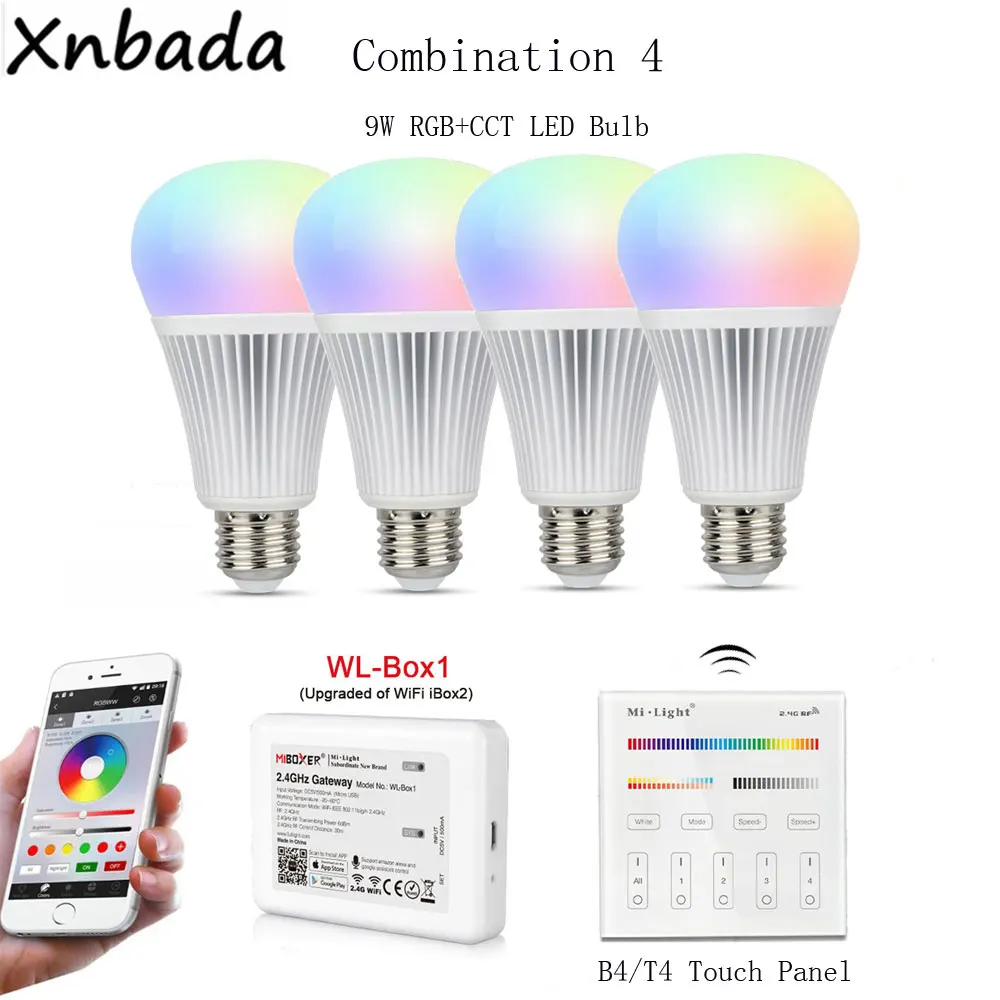 Milight светодиодные лампы 9W RGBCCT+ WL-Box1 светодиодный контроллер DC5V+ 2,4G B4/T4 4-Зона RGB+ CCT сенсорный Панель пульт дистанционного управления