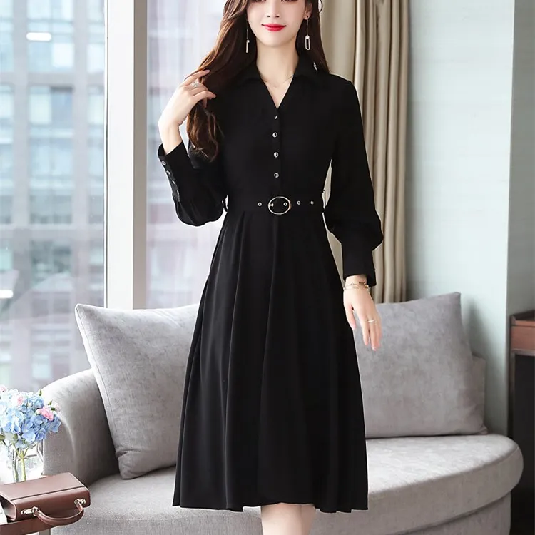 

Elegant V-Neck High Waist A-Line Dress Autumn Winter Women Midi Party Dress Long Sleeve Solid Dresses