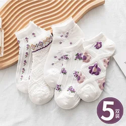 5 Pairs New College Style Three-dimensional Small Floral Women's Socks Rural Style Cotton Boat Socks White Socks Women Socks