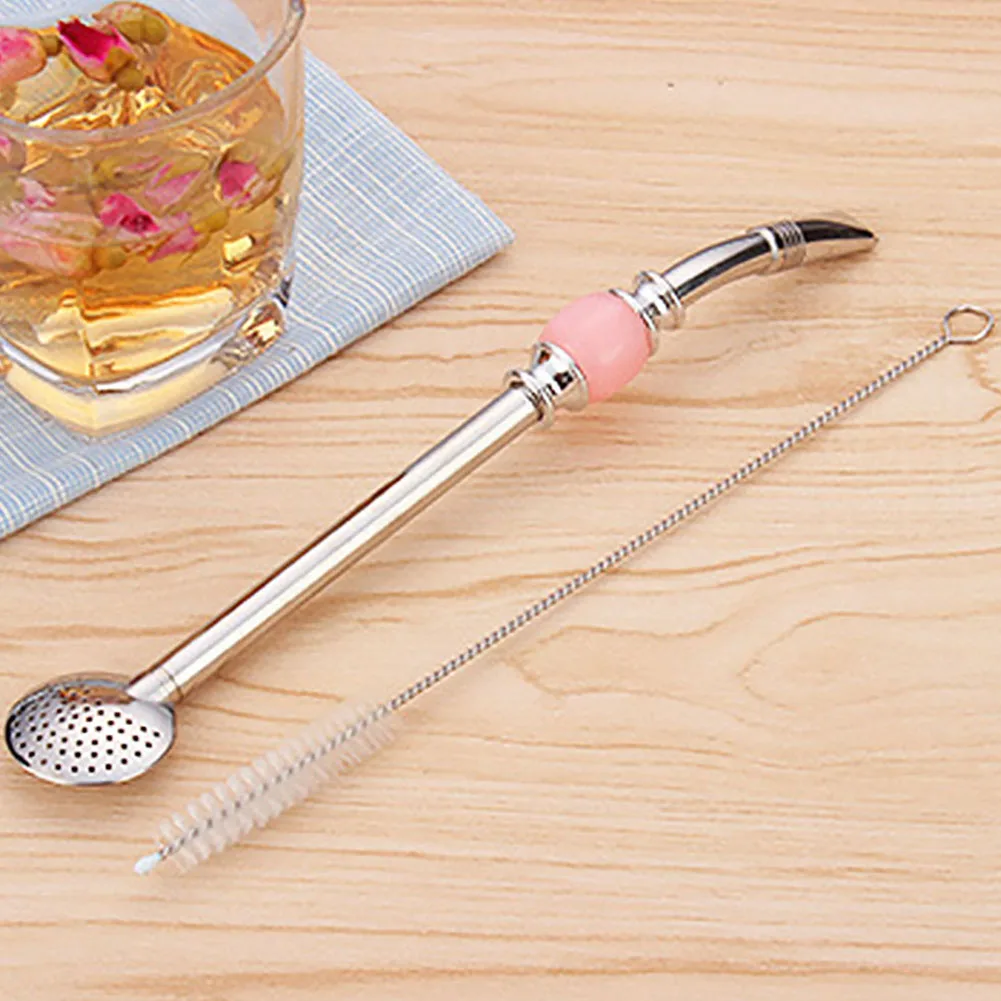 Detachable Design Filter Straw Spoon Coffee Teaspoon Drinking Shaker Reusable With Brush Tableware Stirring Stainless Steel