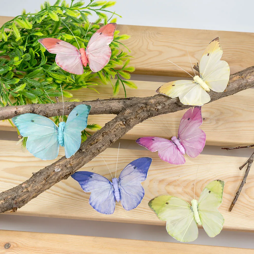 6pc simulation feather butterfly wedding photography color balcony  decoration pastoral home dragon flower pot fake butterfly