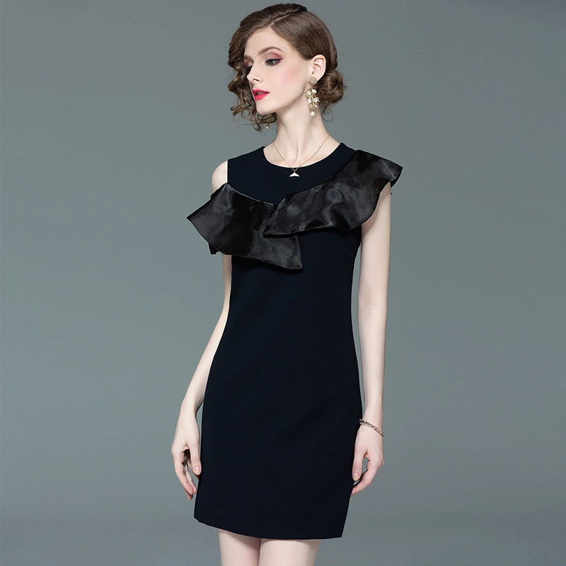 

Women's Dress Black Sleeveless Sexy Temperament Dress Summer New Fashion Round Neck Oblique Shoulder Organza Ruffled Dress