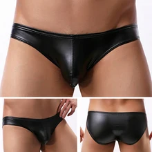 New Men's Briefs Faux Leather Jockstrap Thong Stretch Briefs Sissy Pouch Panties Underwear Black Low Waist 2021 Male Underpants