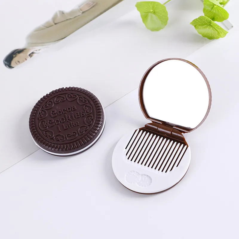 Новое поступление женских инструментов для макияжа карманное зеркало для макияжа Мини Темно-коричневое милое шоколадное печенье в форме гребня