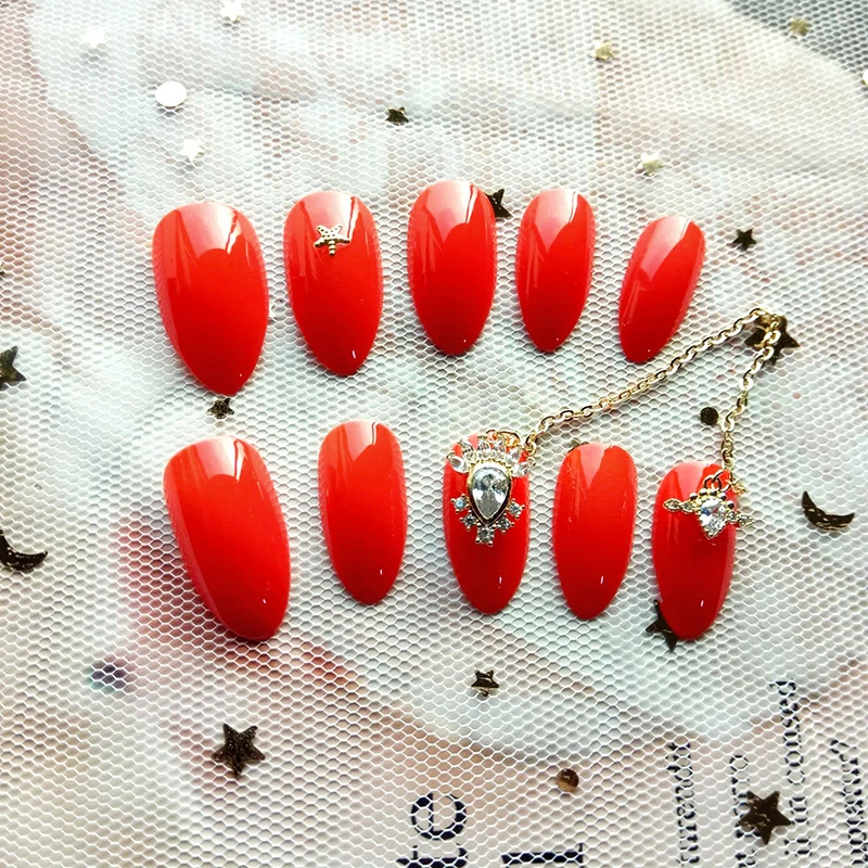 Nusx 24pcs Fake Nail With Crystal Chain Art Design Acrylic Press On Nail Tips Full Cover 3