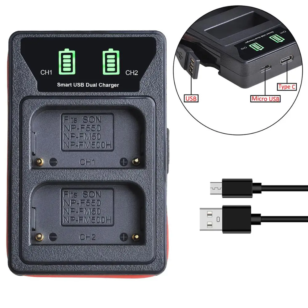 2 Pcs 2200mAh NP-FM500H NP FM500H Battery + LED Dual USB Charger with type-C port for NP-F550 NP-FM50 Sony Alpha A58 A350 A500 