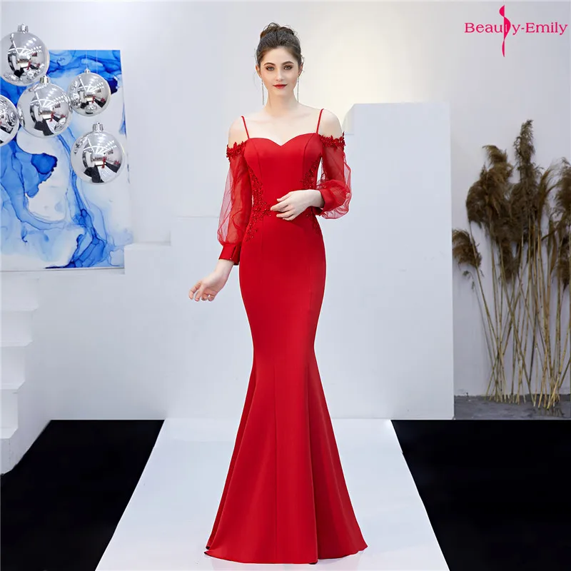 Beauty-Emily/кружевные вечерние платья на бретельках, длинное платье русалки 2019, вечернее платье с длинными рукавами и цветочным принтом, Vestido de