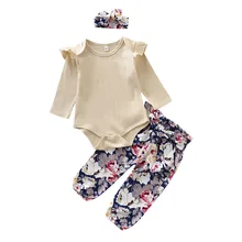 Хлопковый комбинезон с длинными рукавами для маленьких девочек от 0 до 18 месяцев, боди с цветочным принтом, штаны, комплект одежды