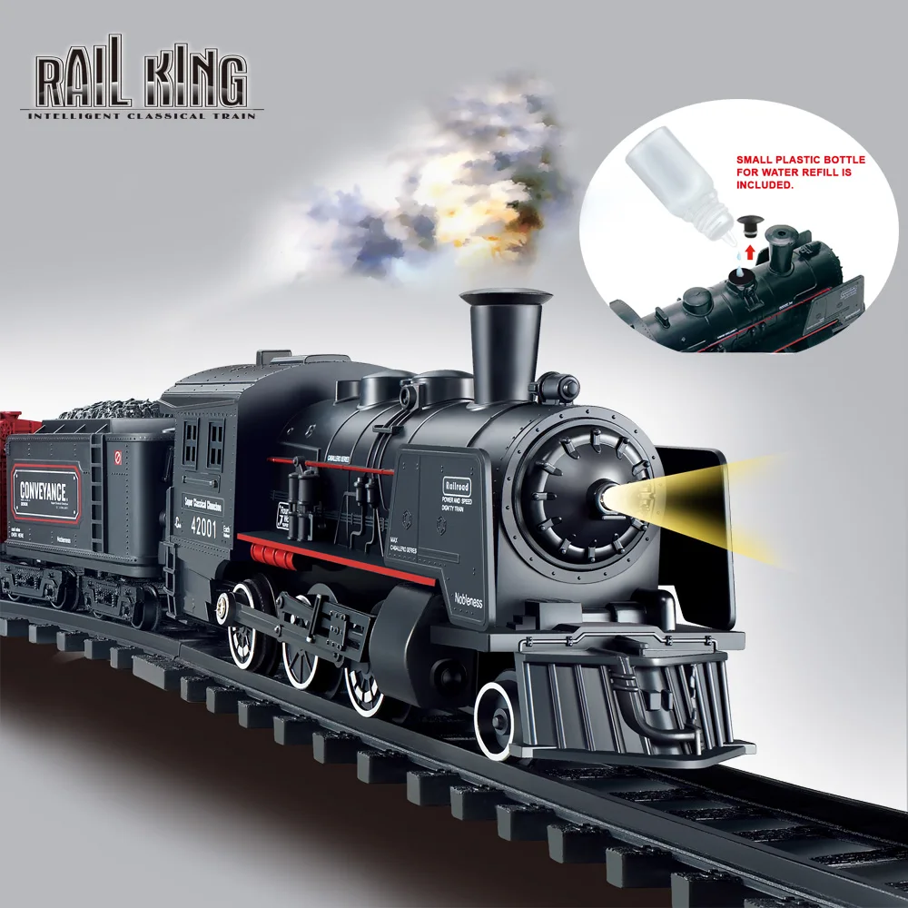 Perfect for Boys & Girls 3 Years and up Battery Operated Play Set Toy w/ Smoke Light and Sounds Cargo Car and Tracks Electric Classical Train Sets with Steam Locomotive Engine