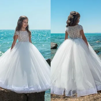 

White Lace Ball Gown Flower Girl Dresses For Weddings Appliqued Boho Kids First Communion Dress Vintage Pageant Gowns