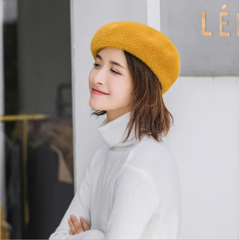 Otomino Invierno moda mujer boina sombrero de piel de conejo sombrero grueso calentador boina mujer sombrero para mujer