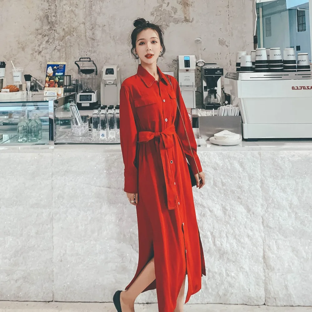 

Photo Shoot Fashionable Single Breasted Charade Hollow out Shirt Dress 2020 Spring New Style Retro Laziness-Style Dress Women's
