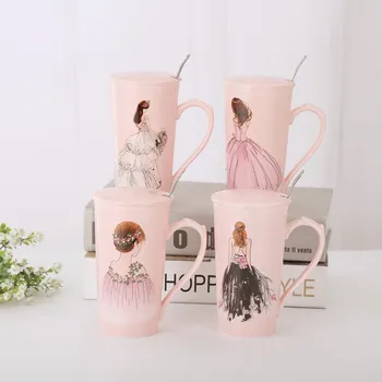 

400ml Character Painting Ceramics Coffee Mug With Spoon Lid Creative Hand Painted Drinkware Coffee Milk Tea Water Cup Gifts