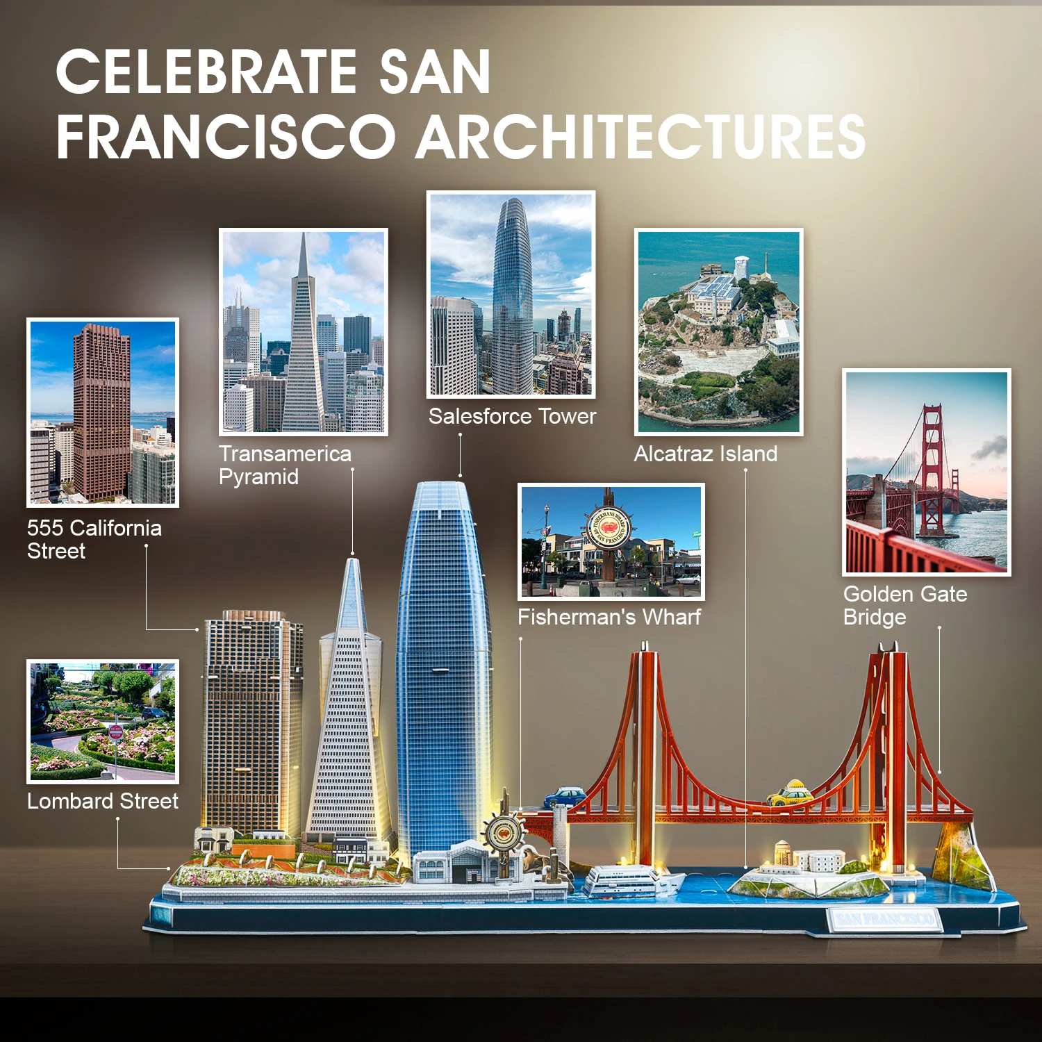 CubicFun 3D Metal Puzzles For Kids Adults LED San Francisco City Architecture Model, Golden Gate Bridge,555 California Street 2