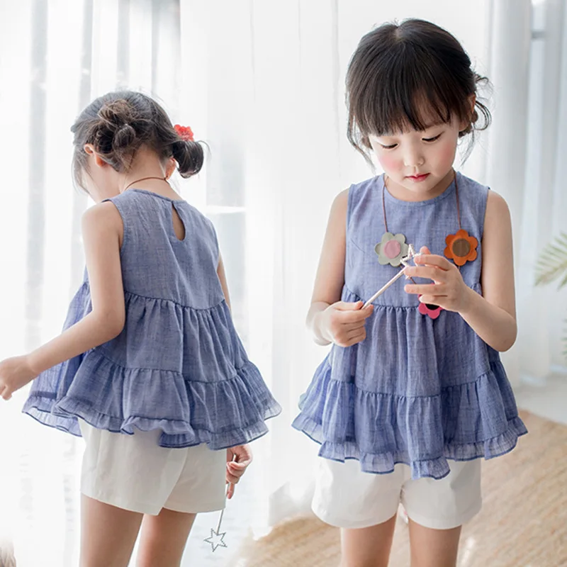 

2019 GIRL'S Suit Summer New Style Korean-style GIRL'S Shirt Pure Cotton Shorts Big Boy INS Two-Piece Set a Generation