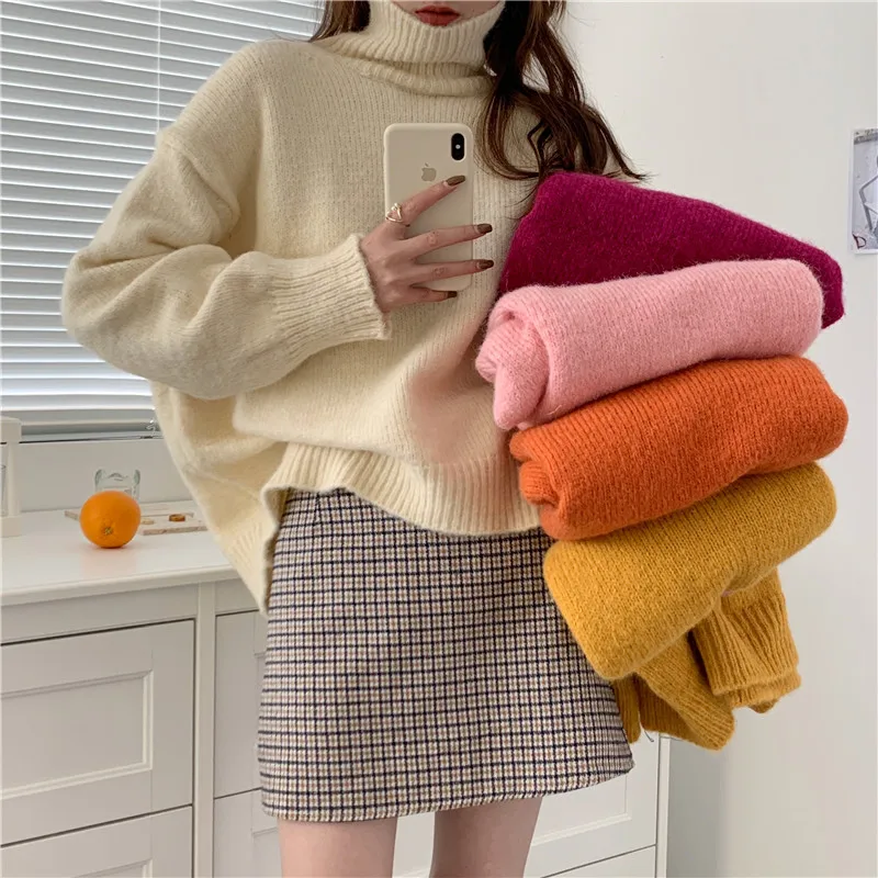 

Женские свитера милые яркие однотонные в Корейском стиле винтажные толстые теплые мягкие Свободные повседневные милые модные женские свитера с высоким воротником