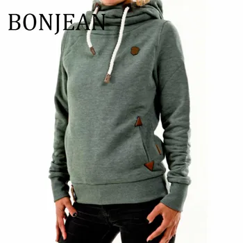 

BONJEAN 2019 Autumn Tops and Pullovers Casual Hoodies for Women Long Sleeve Green Sweatshirts Patchwork Hooded Sweatshirt BJ1777