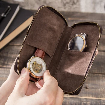 

2-Slot Watch Storage Bag Vintage Leather Watch Case Carrying Pouch Zipper Wristwatch Box Organizer
