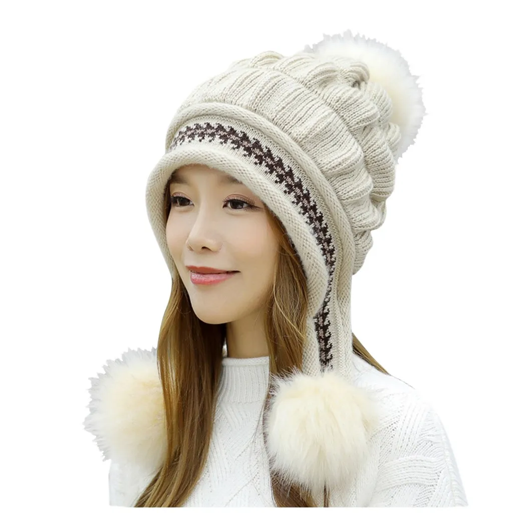 Бежевый women's hat New Fashion Keep Warm Winter Knitted Wool Hemming With Hair ball czapka zimowa cap - Цвет: Бежевый