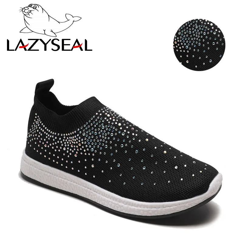 Lazyseal/обувь с украшением в виде кристаллов; женская обувь на плоской подошве из сетчатого материала; Яркая обувь со стразами; удобная женская обувь; женская обувь на плоской подошве - Цвет: Black