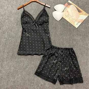 

Summer Faux Silk 2 Pcs Sets for Women Satin Dot Printed Nightwear Pyjamas Set Female Tank Top Shorts Sleepwear with Chest Pads