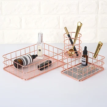 

Nordic Rose Gold Metal Wire Storage Basket Office Desktop Sundries Makeup Brushes Holder Table Cosmetics Organizer Iron Basket