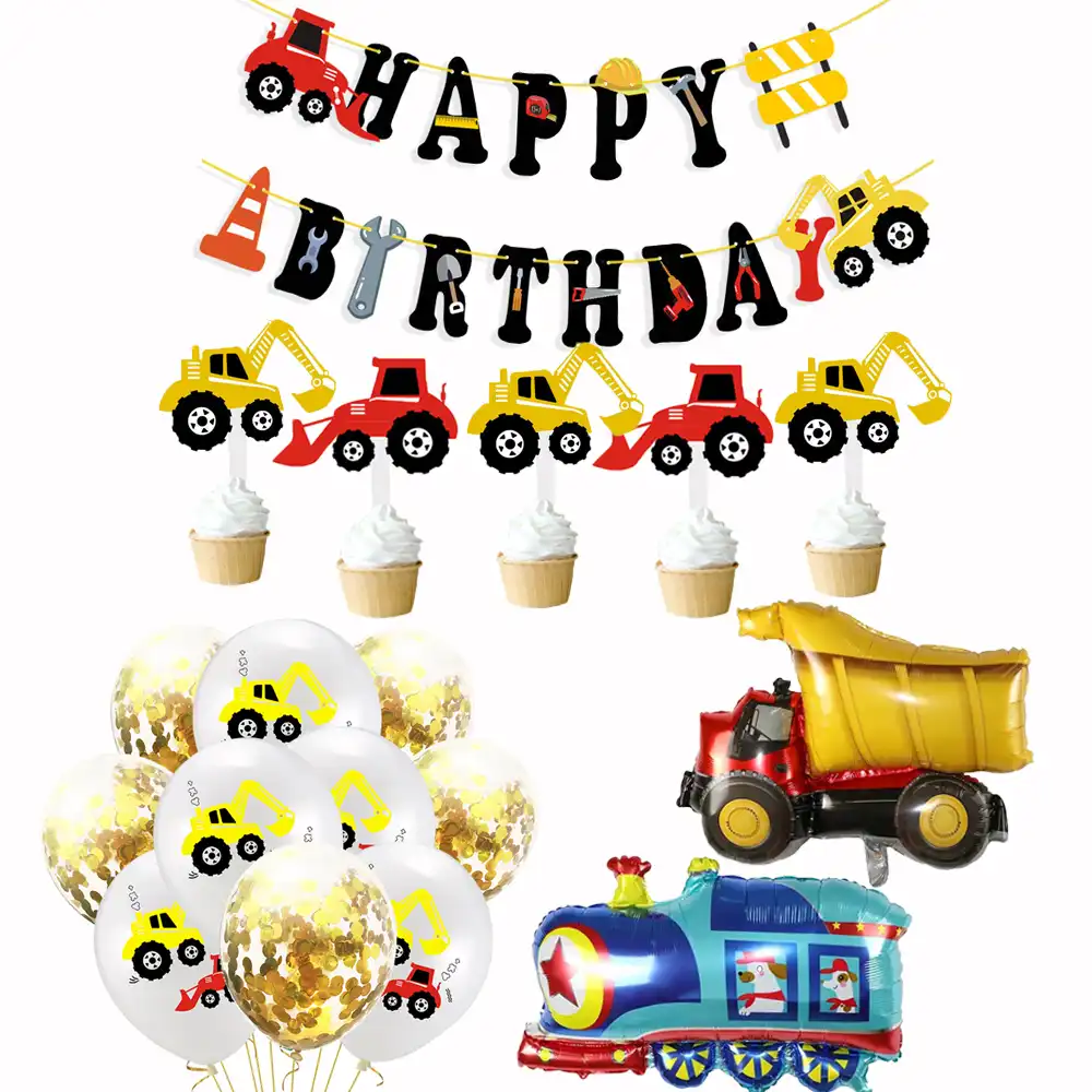 Construction Excavator Balloons Tractor Vehicle Banner Cake Topper