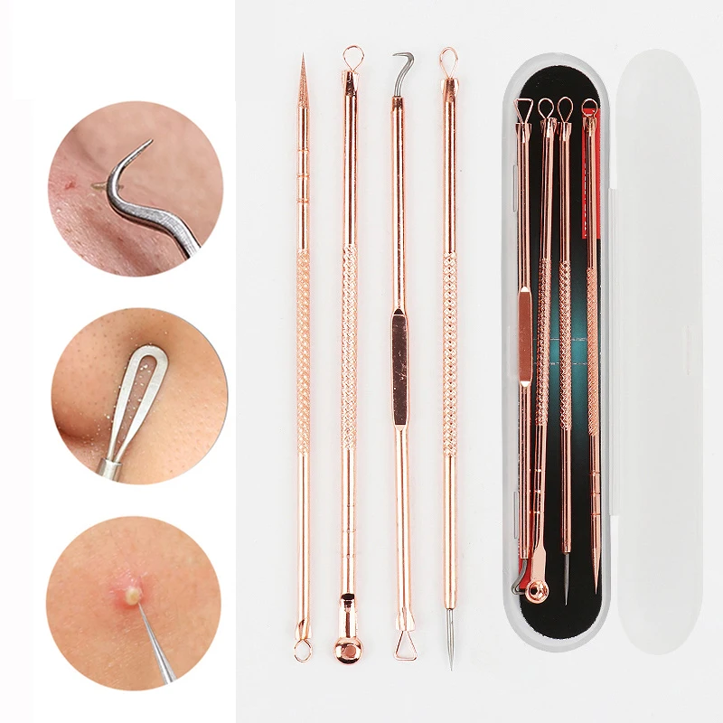 

4pcs Rose Gold Blackhead Comedone Acne Pimple Blemish Extractor Remover Stainless Needles Remove Tools Face Skin Pore Cleaner