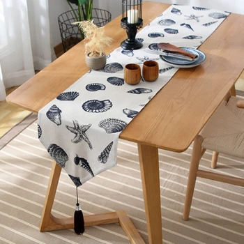 

Wedding Table Runner Cover Shells Print Nordic Style With Tassels Banquet Party Modern Home Decor Dining Room Cotton Linen Hotel