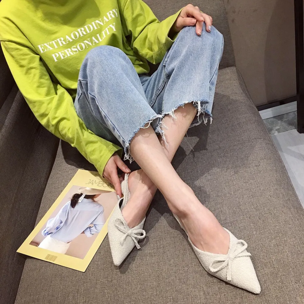Famous Designer bow-knot wool mules shoes woman pointed toe furry slippers winter low heels shallow curl fur flip flops slides