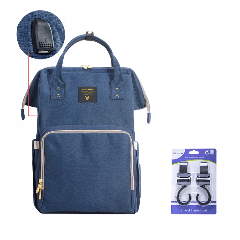 navy blue with hook Sunveno, брендовая водонепроницаемая сумка для подгузников, большая сумка для кормления, сумка для подгузников для беременных, дорожный рюкзак для ребенка, сумка для коляски, сумка для ухода за ребенком - Цвет: navy blue with hook