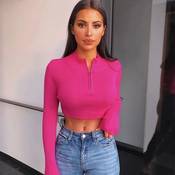 

Rapwriter Casual Turtleneck Long Sleeve Front Cut Zipper Ribbed Knitted T-Shirt Women 2020 Autumn Stretch Basic Crop Tops femme