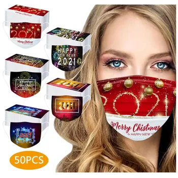 

50PCS Adult's Mask 2021 Happy New Years Disposable Face Mask 3Ply Ear Loop Mask mouth Face mask Breathable Earloops Masks